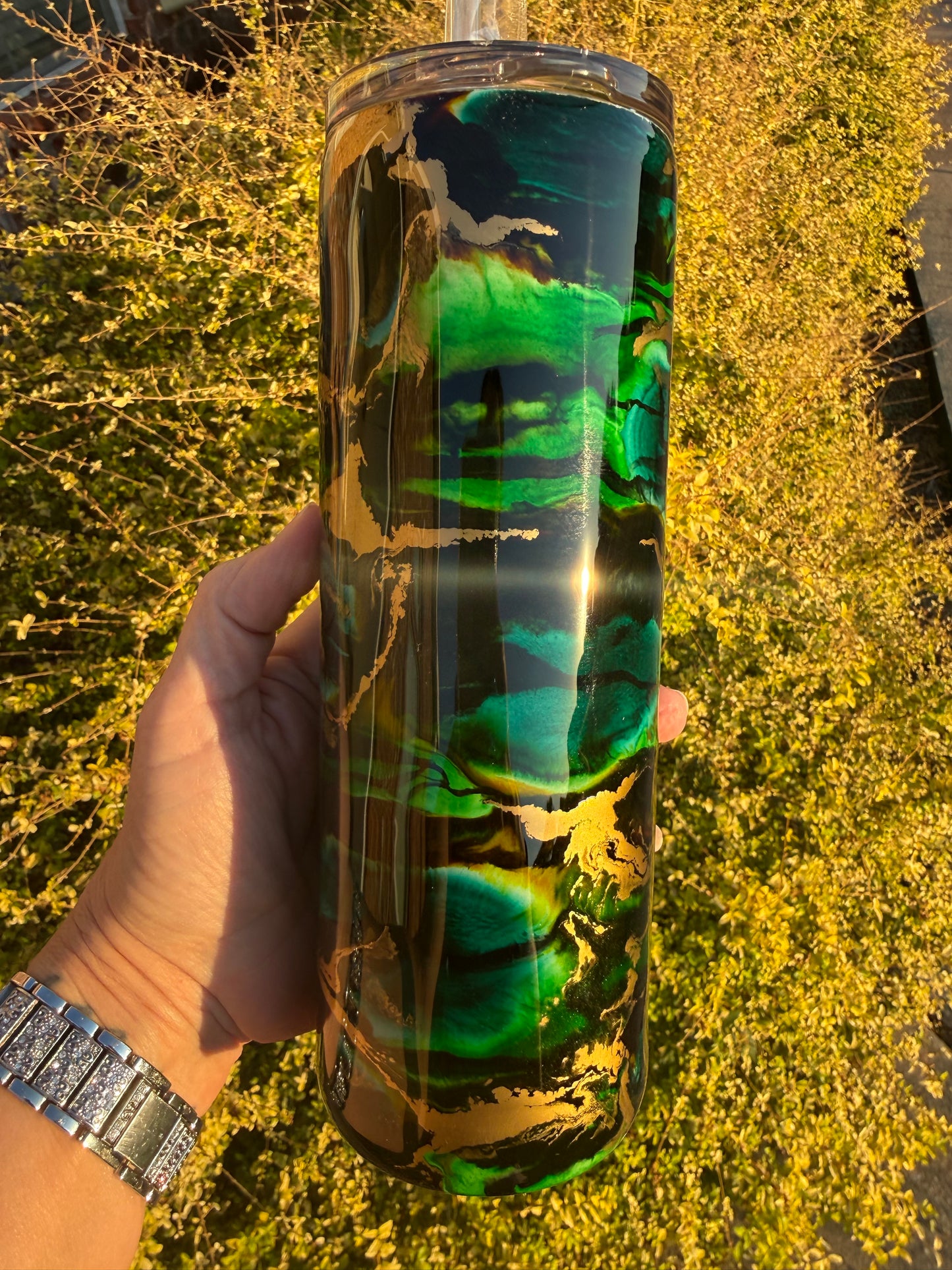 Green & Gold Ink Swirl Tumbler