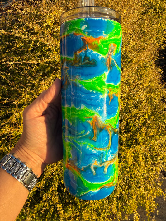 Neon Blue & Green Ink Swirl Tumbler
