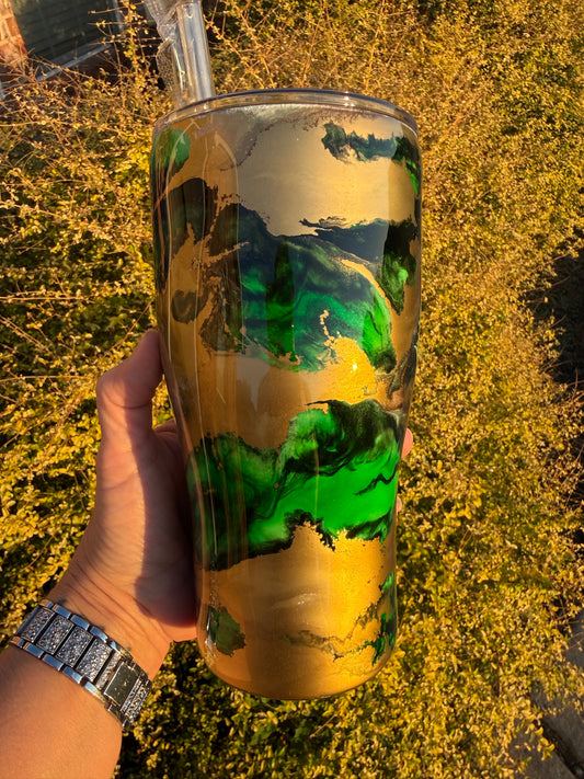 Gold & Green Ink Swirl Tumbler