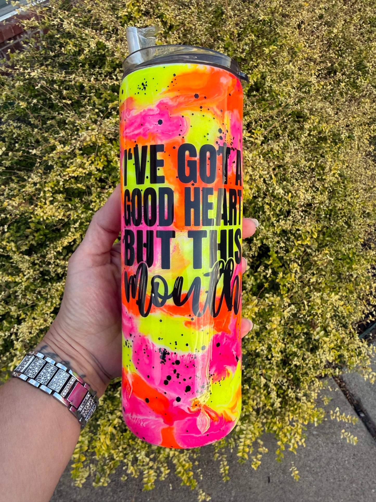 “I’ve Got a Good Heart” Neon Ink Swirl Tumbler