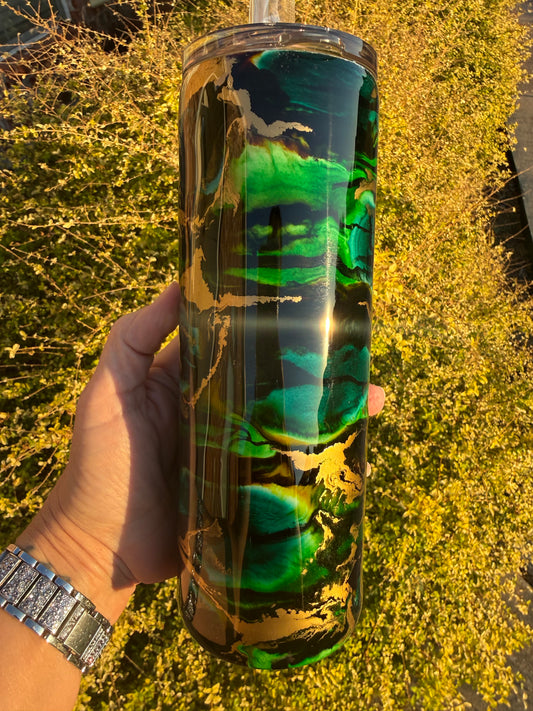 Green & Gold Ink Swirl Tumbler